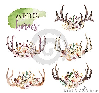 Set of watercolor floral boho antler print. western bohemian decoration. Hand drawn vintage deer horns with flowers Cartoon Illustration
