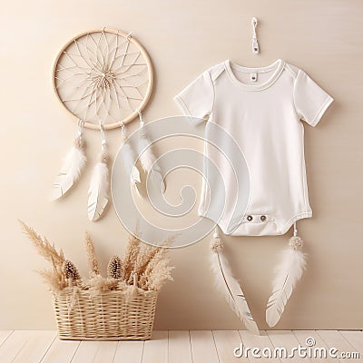 Boho style baby clothes mockup, gender neutral white baby clothes on neutral background Stock Photo