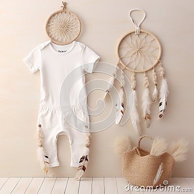 Boho style baby clothes mockup, gender neutral white baby clothes on neutral background Stock Photo