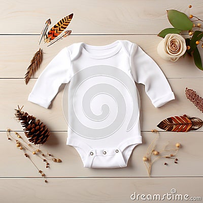 Boho style baby clothes mockup, gender neutral white baby clothes on neutral background Stock Photo