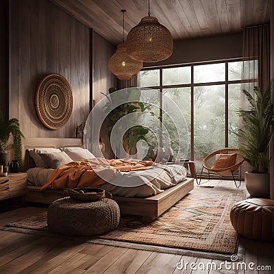 Boho style bedroom interior with large window with beautiful view Stock Photo