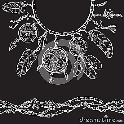 Boho style dreamcatcher design for collar t-shirts. Seamless border from beads. Cartoon Illustration