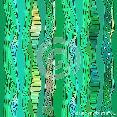 Boho style green textile pattern with waves and curles. Colorful oriental zentangle style seamless background. Vector Illustration