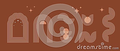 Boho style linear arch element collection. Terracotta design forms with stars, arcs and frame. Bohemian decorative Vector Illustration