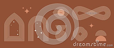Boho style linear frame element collection. Terracotta design forms with stars and arcs. Bohemian decorative ornamental Vector Illustration