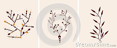 Boho style posters with mystical leaves on a beige background. Minimalistic design for posters, banners, cosmetics, spa Vector Illustration