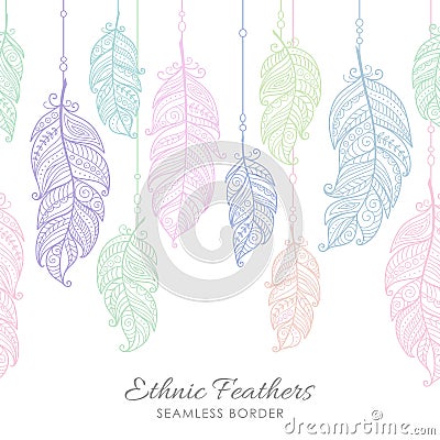 Boho style seamless border frame with colorful ornamental feather on strings. Vector ethnic print design. Vector Illustration