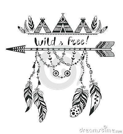 Boho Style for T-shirt and Decoration. Abstract Design with Bird Feather and Arrow . Vector Illustration