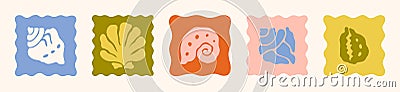 Boho Summer Seashells Icons in Retro Style. Abstract Simple Vector Illustrations of a Shells, Cone, Snail, Scallop Vector Illustration