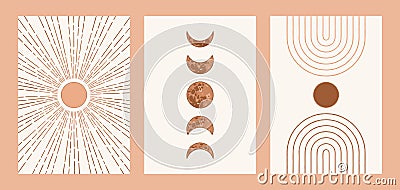 Boho sun, moon, arch set, minimalist mid century modern art Vector Illustration