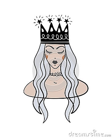 Boho tattoo with blue hair queen and crown. Portrait of a cute princess, hand drawing. Flat vector illustration for Vector Illustration