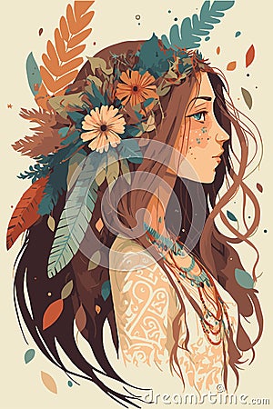 Boho indian tribal girl portrait with feathers in hair and wearing traditional poncho Cartoon Illustration