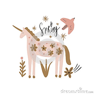 Boho unicorn and bird spring concept. Folk art horse slovak ornament, swedish style drawing, pastel coloured nordic floral Stock Photo