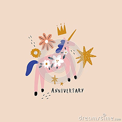 Boho unicorn Birthday Anniversary concept. Folk art horse slovak ornament, swedish style drawing, pastel coloured nordic floral Stock Photo