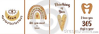 Boho Valentines cards set. Bohemian moon, rainbow, heart, hands making heart, gesture. Love banner collection Cartoon Illustration