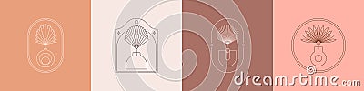 Boho Vases and Palm Dried Leaves Set in Modern Minimal Liner Style. Vector Bohemian Frames for Creating Logo Vector Illustration