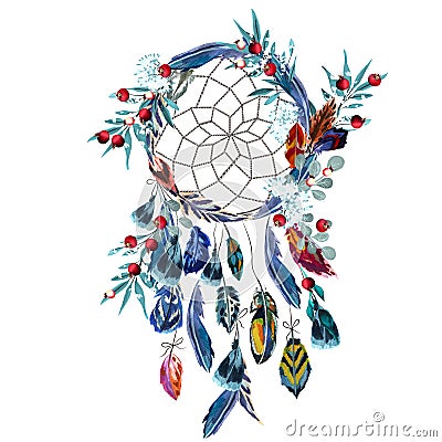 Boho vector fashion illustration with dreamcatcher, colorful feathers, leaves and berries Cartoon Illustration