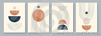 Boho Wall Art Set 3 or 4 Pieces of Posters Abstract Boho Rainbow Prints Boho Artwork Mid Century Modern Neutral Beige Vector Illustration