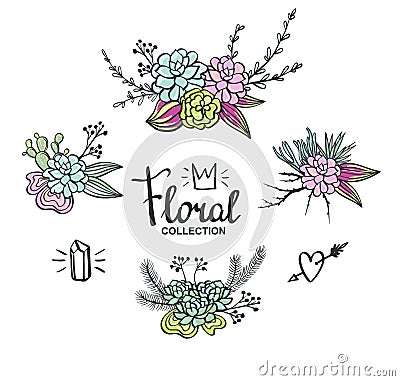 Boho wedding succulents decoration. Vector Illustration