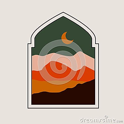 Boho window mountain landscape. Modern islamic arch moon crescent oriental abstract boho art. Vector illustration Vector Illustration