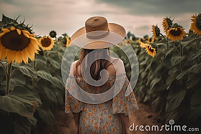 boho woman in hat seen from behind . sunflowers field , ai generative Stock Photo