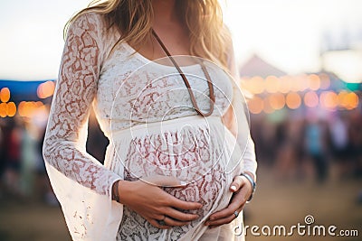 bohochic pregnant woman in a crochet top at a music festival Stock Photo