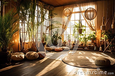 Bohochic Yoga Studio With Natural Materials And Peaceful Bohemian Decor Bohemian Interior Design. Generative AI Stock Photo