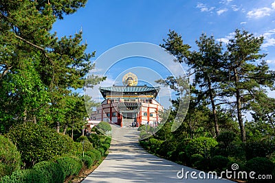 Bohyunsa Temple with big buddha`s image head statue in South Korea. Editorial Stock Photo