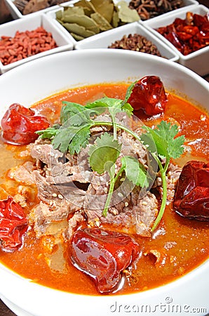 Boiled beef in chili soup Stock Photo