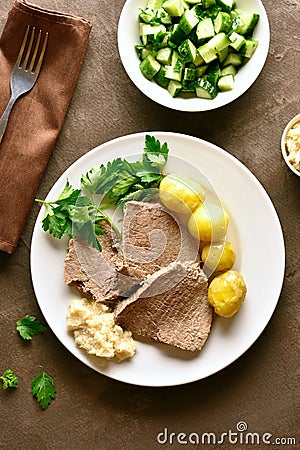 Boiled beef with potatoes and horseradish Stock Photo