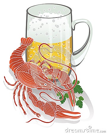 Boiled cancer with a mug of beer. Illustration Vector Illustration