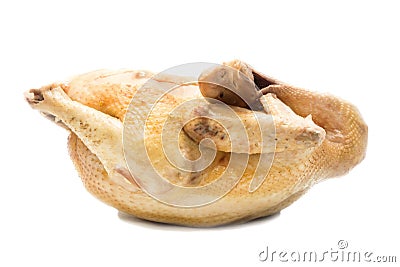 Boiled chicken on white background, whole body, side view Stock Photo