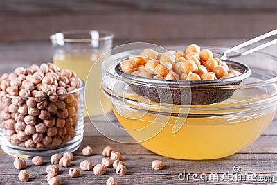 Boiled chickpea and aquafaba. Egg replacement for vegan recipe. Vegan cooking concept Stock Photo