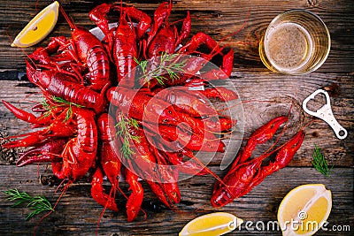 Boiled crayfish with dill and beer Stock Photo