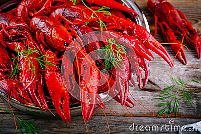 Boiled crayfish with dill Stock Photo