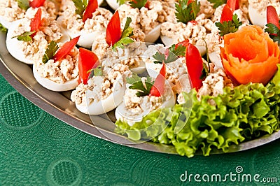 Boiled eggs with fish cream topping Stock Photo
