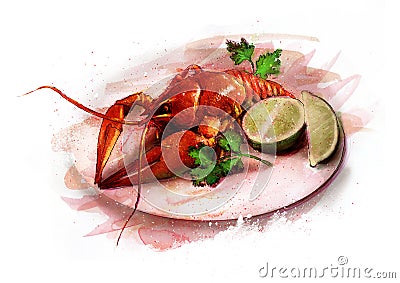 Boiled lobster on a plate with lemon and herbs sketch Stock Photo