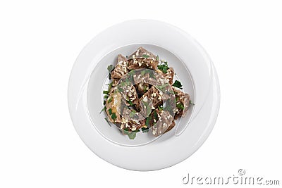 Boiled meat with herbs and garlic khashlama traditional Georgian dish white background top view isolated Stock Photo