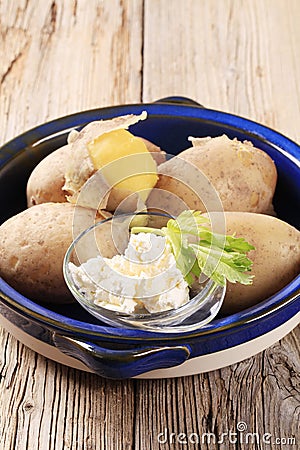 Boiled potatoes and curd cheese Stock Photo