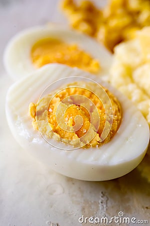 Boiled salted eggs cut in half Stock Photo