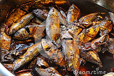 Boiled salted mackerel in Amphawa market. Stock Photo