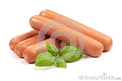 Boiled sausages with basil, isolated on white background Stock Photo