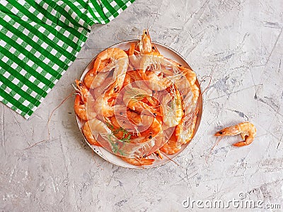 Boiled shrimp plate dinner nutrition on concrete backgroundn gourmet Stock Photo