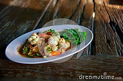 boiled shrimp with sour and spicy sauce ` plah kung`. thai local food. Stock Photo
