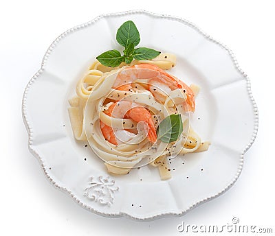 Boiled shrimps with pasta Stock Photo