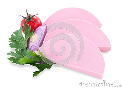 bologna slice piece boiled sausage. Boiled sliced sausage with slice onion tomato and parsley Stock Photo