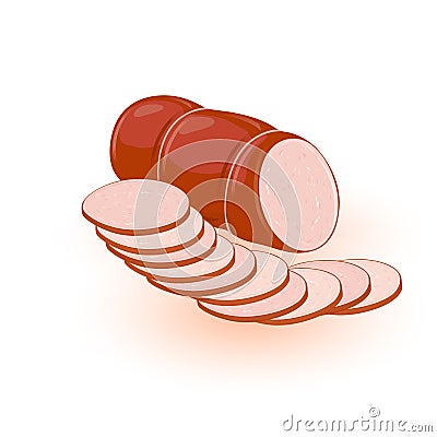 Boiled or smoked fat sausage, mortadella, kielbasa cutted to slices. Farm product from ground meat. Vector Illustration