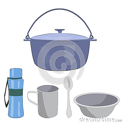 Boiler, bowl, mug, spoon, water bottle for camping in the summer Stock Photo