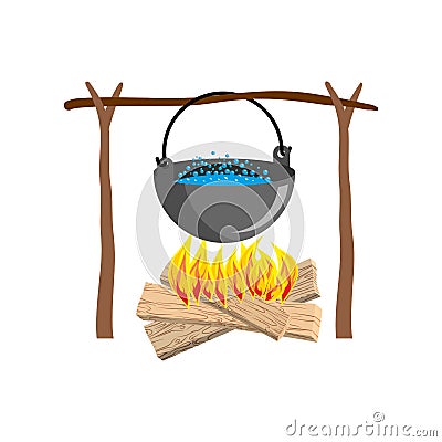 Boiler with camping. Campfire place. boiler and firewood Vector Illustration