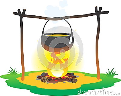 Boiler with camping. Campfire place. Camping and hiking. Vector Illustration
